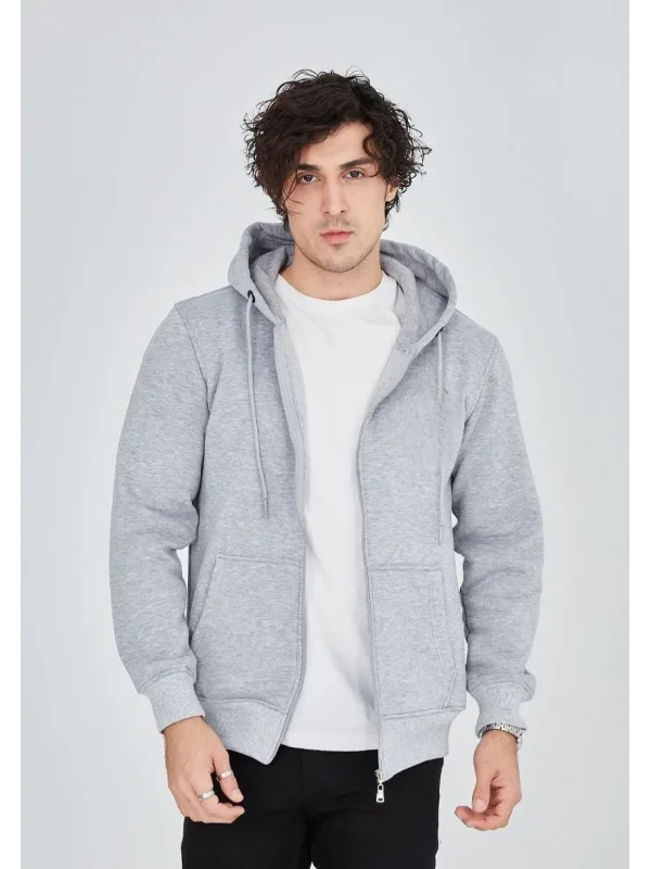 Lushiowear Erkek 3 İplik Pamuklu Kapüşonlu Tam Fermuarlı Cepli Hoodie Sweatshirt - Gri
