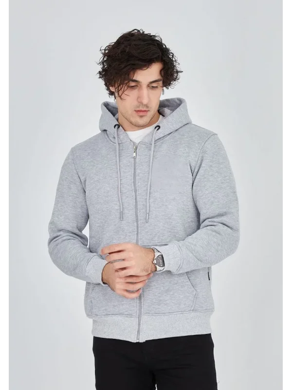 Lushiowear Erkek 3 İplik Pamuklu Kapüşonlu Tam Fermuarlı Cepli Hoodie Sweatshirt - Gri