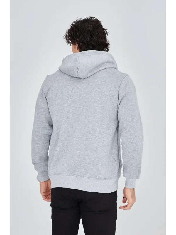 Lushiowear Erkek 3 İplik Pamuklu Kapüşonlu Tam Fermuarlı Cepli Hoodie Sweatshirt - Gri
