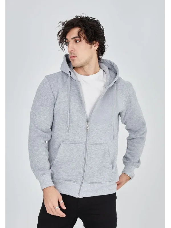 Lushiowear Erkek 3 İplik Pamuklu Kapüşonlu Tam Fermuarlı Cepli Hoodie Sweatshirt - Gri