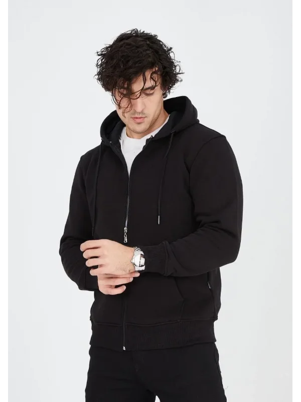 Lushiowear Erkek 3 İplik Pamuklu Kapüşonlu Tam Fermuarlı Cepli Hoodie Sweatshirt - Siyah