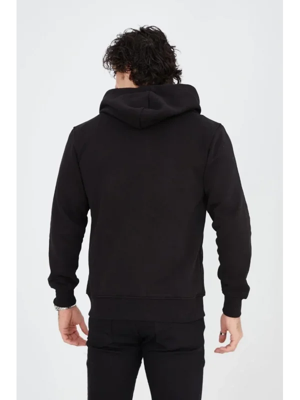 Lushiowear Erkek 3 İplik Pamuklu Kapüşonlu Tam Fermuarlı Cepli Hoodie Sweatshirt - Siyah