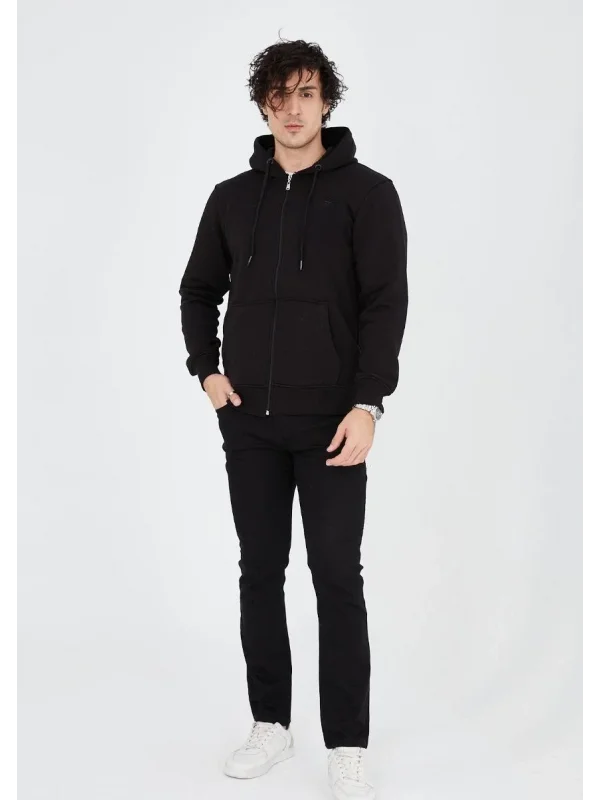 Lushiowear Erkek 3 İplik Pamuklu Kapüşonlu Tam Fermuarlı Cepli Hoodie Sweatshirt - Siyah