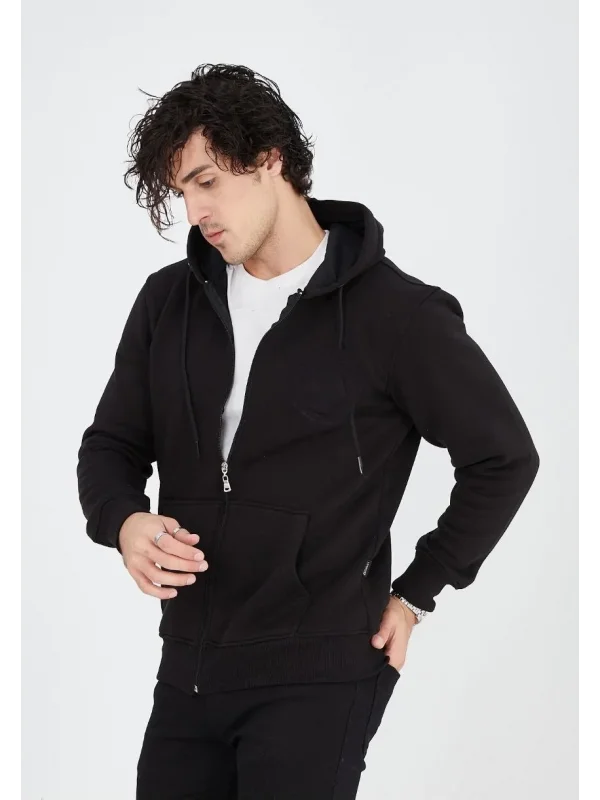 Lushiowear Erkek 3 İplik Pamuklu Kapüşonlu Tam Fermuarlı Cepli Hoodie Sweatshirt - Siyah