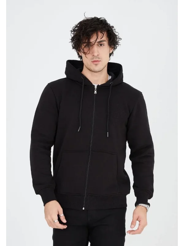 Lushiowear Erkek 3 İplik Pamuklu Kapüşonlu Tam Fermuarlı Cepli Hoodie Sweatshirt - Siyah