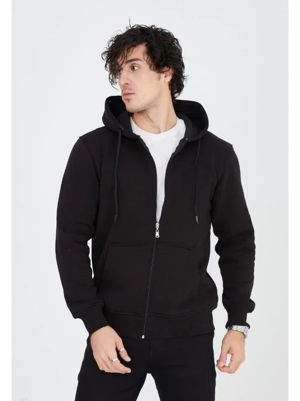 Lushiowear Erkek 3 İplik Pamuklu Kapüşonlu Tam Fermuarlı Cepli Hoodie Sweatshirt - Siyah