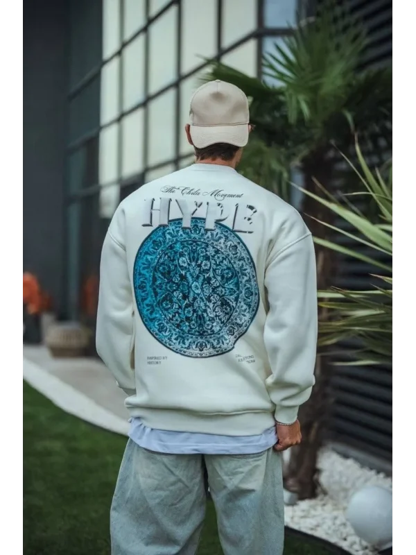 Lushiowear Erkek 3 İplik Pamuklu Bisiklet Yaka Baskılı SweatShirt - Beyaz