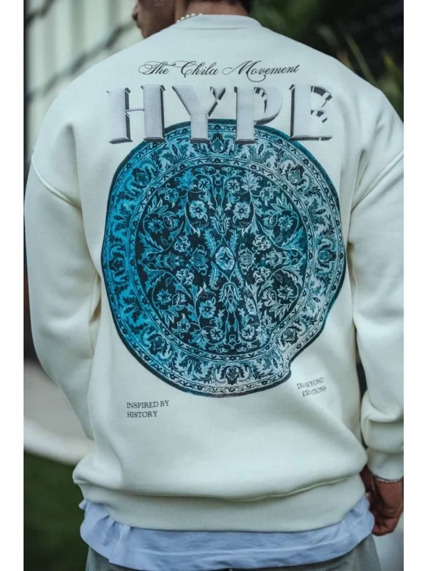 Lushiowear Erkek 3 İplik Pamuklu Bisiklet Yaka Baskılı SweatShirt - Beyaz