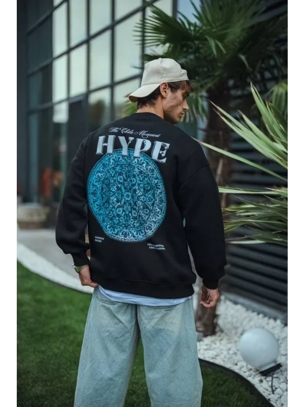 Lushiowear Erkek 3 İplik Pamuklu Bisiklet Yaka Baskılı SweatShirt - Siyah