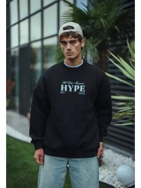 Lushiowear Erkek 3 İplik Pamuklu Bisiklet Yaka Baskılı SweatShirt - Siyah