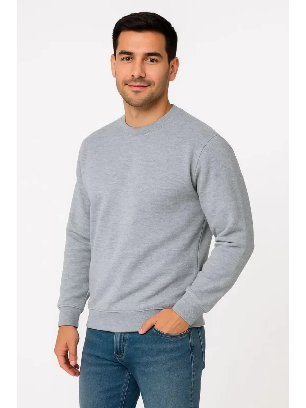 Lushiowear Erkek 3 İplik Pamuklu Düz Bisiklet Yaka SweatShirt - Gri