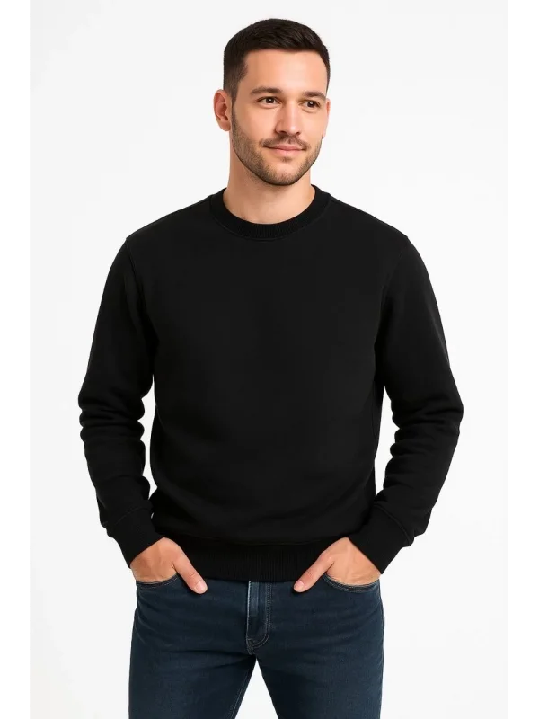 Lushiowear Erkek 3 İplik Pamuklu Düz Bisiklet Yaka SweatShirt - Siyah