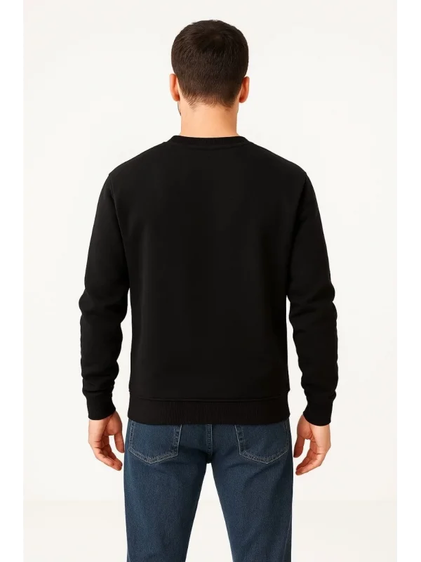 Lushiowear Erkek 3 İplik Pamuklu Düz Bisiklet Yaka SweatShirt - Siyah