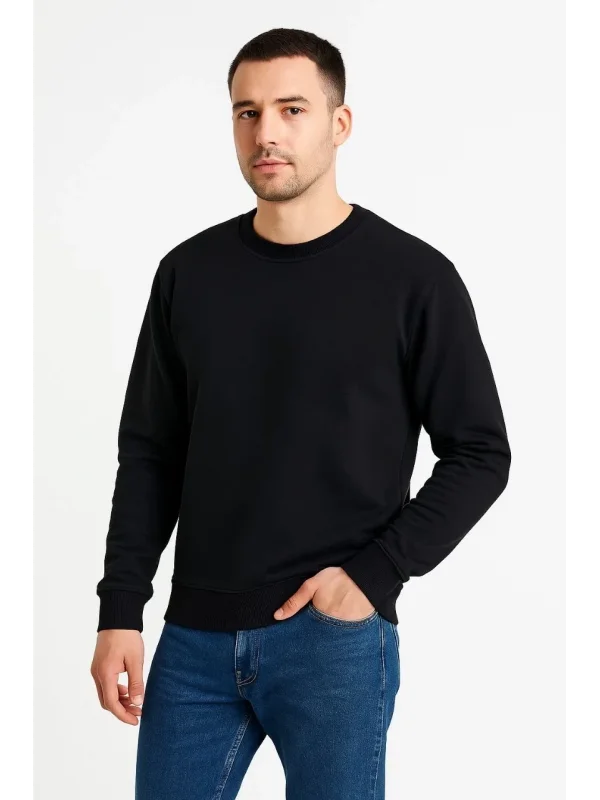 Lushiowear Erkek 3 İplik Pamuklu Düz Bisiklet Yaka SweatShirt - Siyah