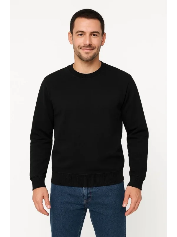 Lushiowear Erkek 3 İplik Pamuklu Düz Bisiklet Yaka SweatShirt - Siyah