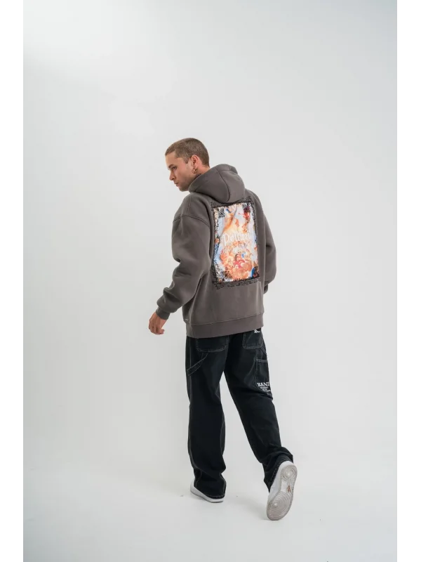 Lushiowear Erkek 3 İplik Kapüşonlu Hoodie Dijital Patchli SweatShirt - Füme