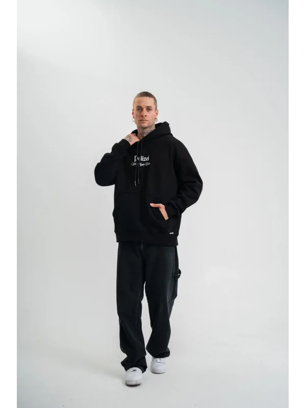 Lushiowear Erkek 3 İplik Pamuklu Kapüşonlu Baskılı Cepli Oversize Sweatshirt Hoodie - Siyah