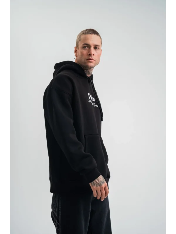 Lushiowear Erkek 3 İplik Pamuklu Kapüşonlu Baskılı Cepli Oversize Sweatshirt Hoodie - Siyah