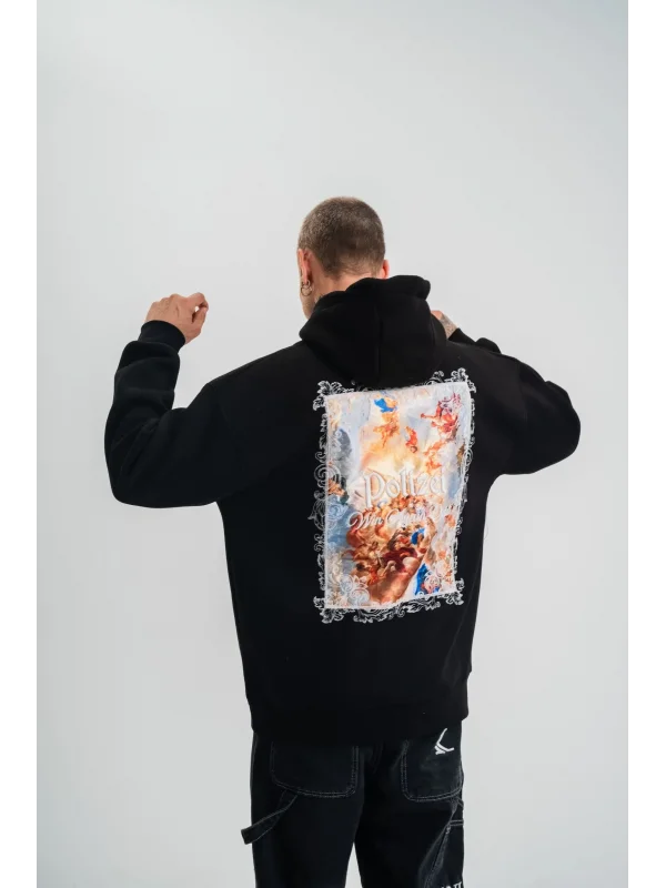 Lushiowear Erkek 3 İplik Pamuklu Kapüşonlu Baskılı Cepli Oversize Sweatshirt Hoodie - Siyah