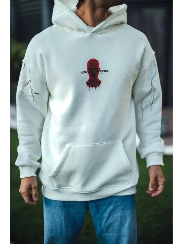 Lushiowear Erkek Kapüşonlu Kanguru Cepli Sweatshirt 3 İplik Pamuklu Baskılı Hoodie -  Beyaz