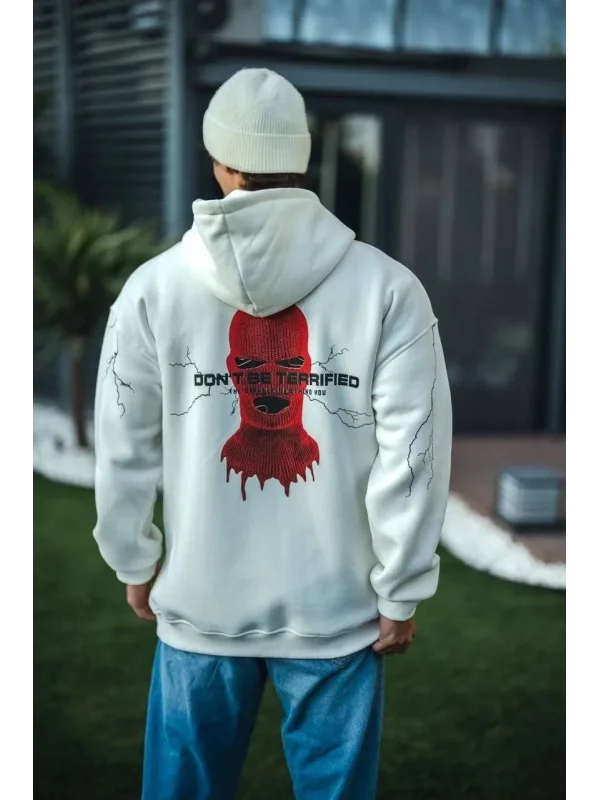 Lushiowear Erkek Kapüşonlu Kanguru Cepli Sweatshirt 3 İplik Pamuklu Baskılı Hoodie -  Beyaz