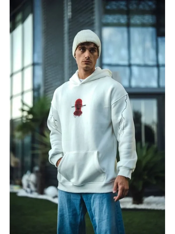 Lushiowear Erkek Kapüşonlu Kanguru Cepli Sweatshirt 3 İplik Pamuklu Baskılı Hoodie -  Beyaz