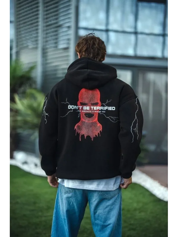 Lushiowear Erkek Kapüşonlu Kanguru Cepli Sweatshirt 3 İplik Pamuklu Baskılı Hoodie -  Siyah