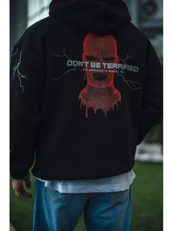 Lushiowear Erkek Kapüşonlu Kanguru Cepli Sweatshirt 3 İplik Pamuklu Baskılı Hoodie -  Siyah