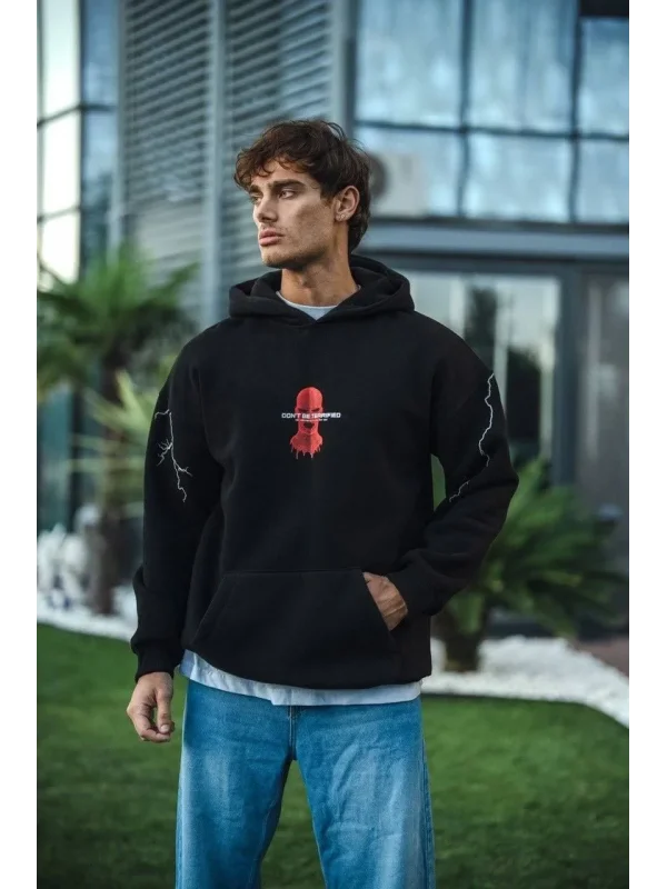 Lushiowear Erkek Kapüşonlu Kanguru Cepli Sweatshirt 3 İplik Pamuklu Baskılı Hoodie -  Siyah