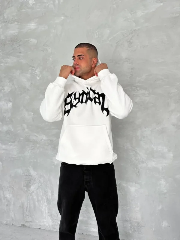 Lushiowear Erkek 3 İplik Pamuklu Kapüşonlu Baskılı Cepli Oversize Sweatshirt Hoodie - Beyaz
