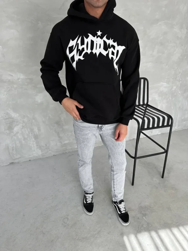 Lushiowear Erkek 3 İplik Pamuklu Kapüşonlu Baskılı Cepli Oversize Sweatshirt Hoodie - Siyah