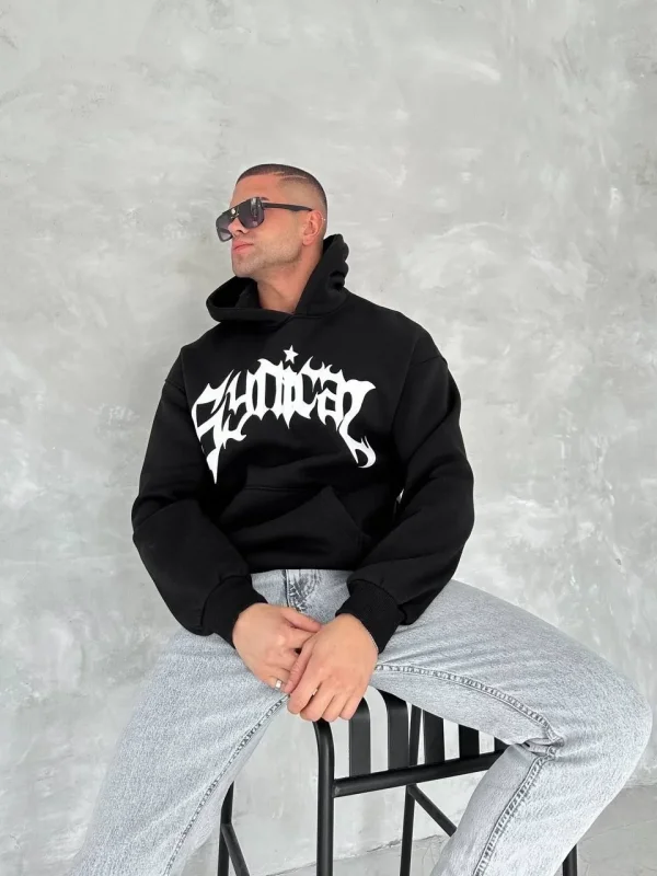 Lushiowear Erkek 3 İplik Pamuklu Kapüşonlu Baskılı Cepli Oversize Sweatshirt Hoodie - Siyah