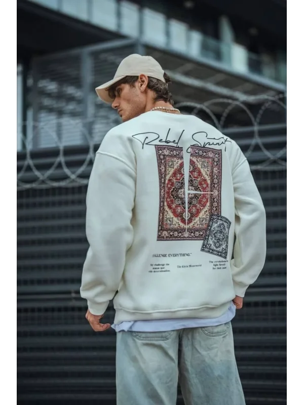 Lushiowear Erkek 3 iplik pamuklu Bisiklet Yaka Baskılı SweatShirt - Beyaz