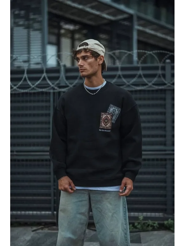Lushiowear Erkek 3 iplik Pamuklu Bisiklet Yaka Baskılı SweatShirt - Siyah