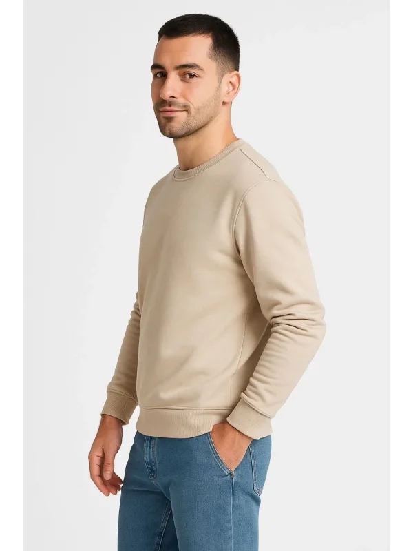 Lushiowear Erkek 3 İplik Pamuklu Düz Bisiklet Yaka SweatShirt - Bej