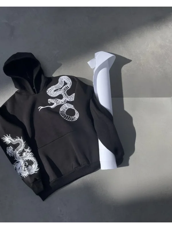 Lushiowear Erkek 3 İplik Pamuklu Kapüşonlu Baskılı Cepli Oversize Sweatshirt Hoodie - Siyah