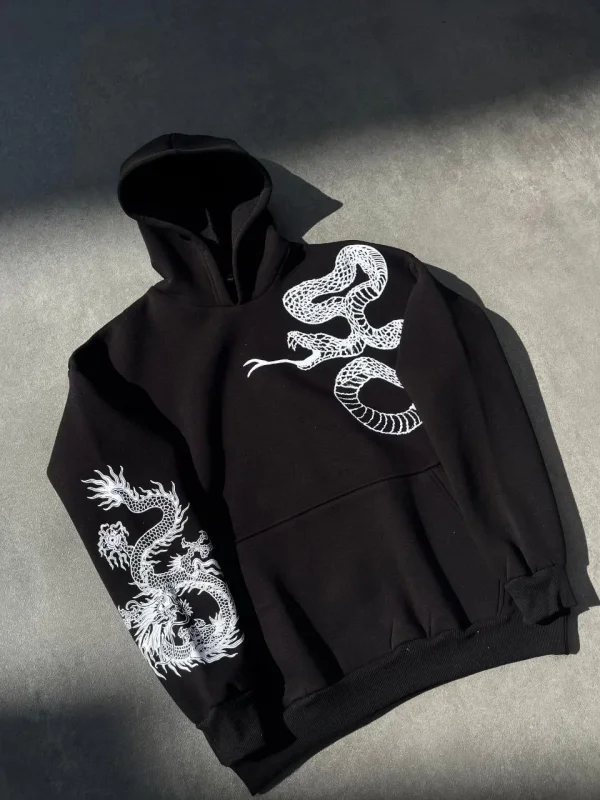 Lushiowear Erkek 3 İplik Pamuklu Kapüşonlu Baskılı Cepli Oversize Sweatshirt Hoodie - Siyah