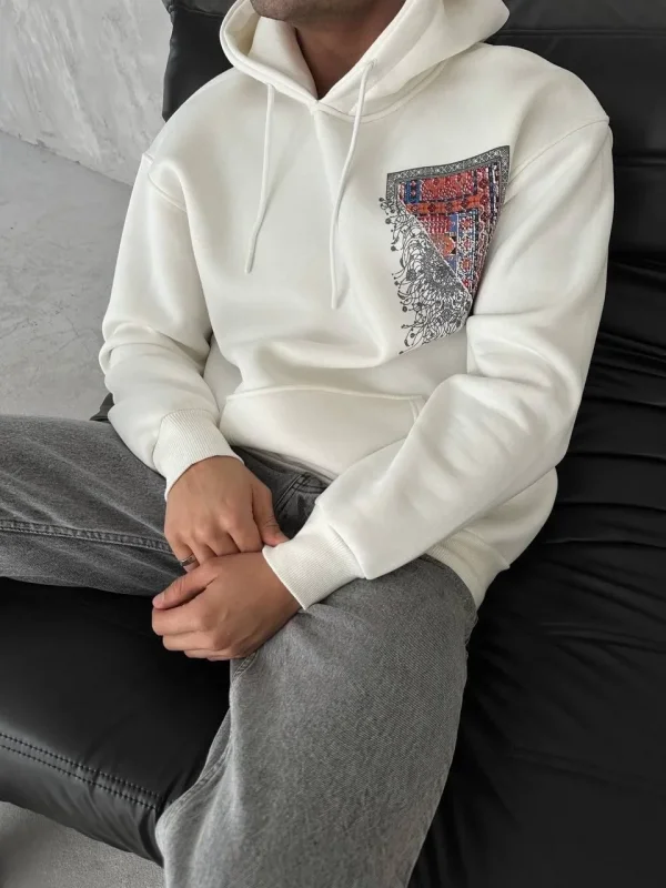 Lushiowear Erkek Kapüşonlu Kanguru Cepli Sweatshirt 3 İplik Pamuklu Baskılı Hoodie - Beyaz