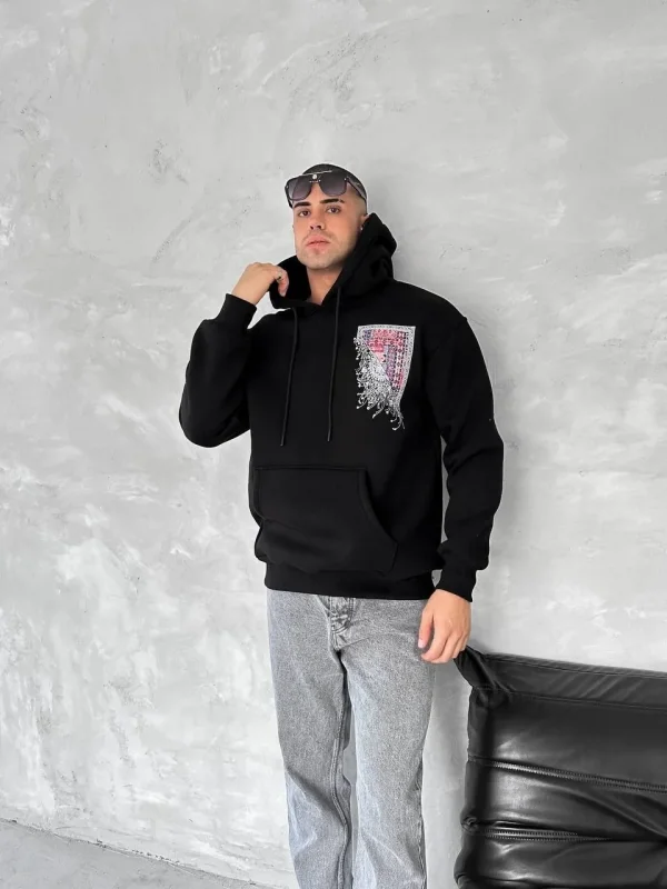 Lushiowear Erkek Kapüşonlu Kanguru Cepli Sweatshirt 3 İplik Pamuklu Baskılı Hoodie - Siyah