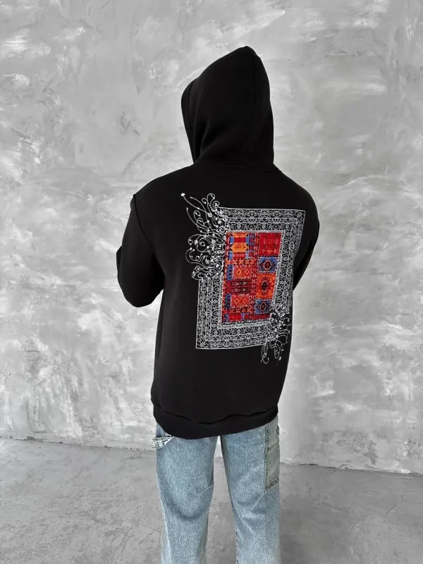 Lushiowear Erkek Kapüşonlu Kanguru Cepli Sweatshirt 3 İplik Pamuklu Baskılı Hoodie - Siyah