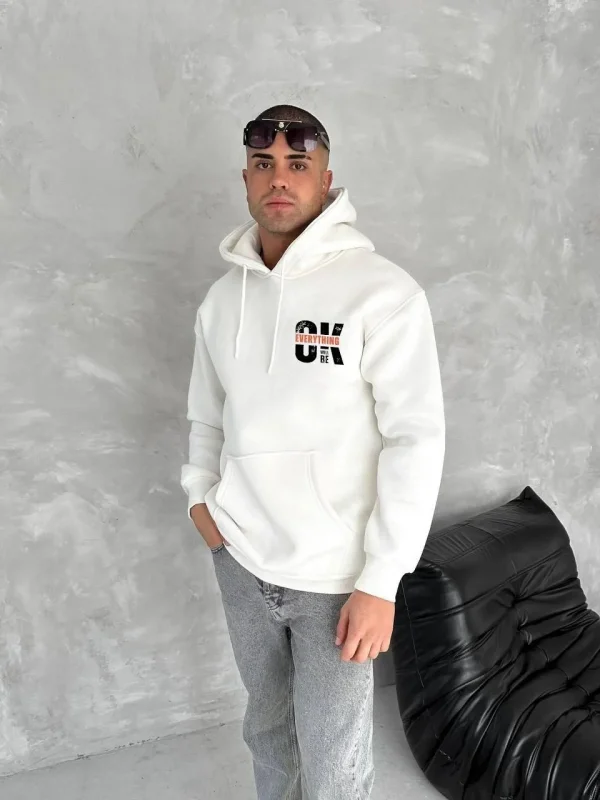 Lushiowear Erkek Kapüşonlu Kanguru Cepli Sweatshirt 3 İplik Pamuklu Baskılı Hoodie - Beyaz