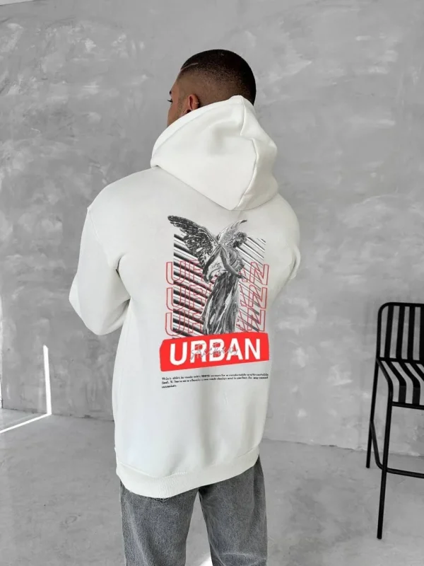 Lushiowear Erkek Kapüşonlu Kanguru Cepli Sweatshirt 3 İplik Pamuklu Baskılı Hoodie - Beyaz