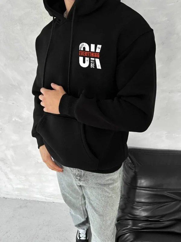 Lushiowear Erkek Kapüşonlu Kanguru Cepli Sweatshirt 3 İplik Pamuklu Baskılı Hoodie - Siyah