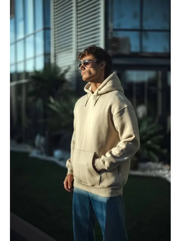 Lushiowear Erkek 3 İplik Pamuklu Kapüşonlu Basic SweatShirt Hoodie - Bej