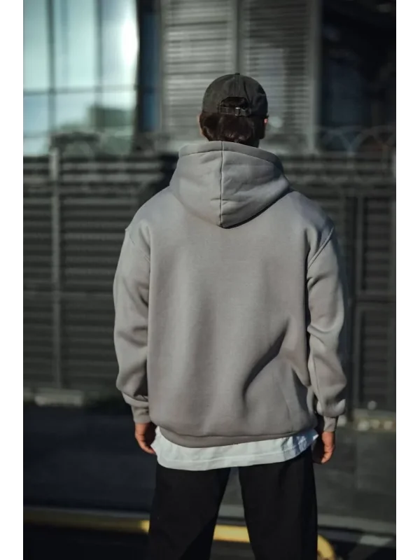 Lushiowear Erkek 3 İplik Penye Kapüşonlu Basic SweatShirt Hoodie - Boyalı Gri