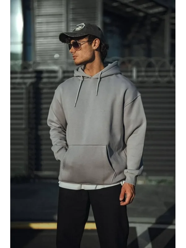 Lushiowear Erkek 3 İplik Penye Kapüşonlu Basic SweatShirt Hoodie - Boyalı Gri