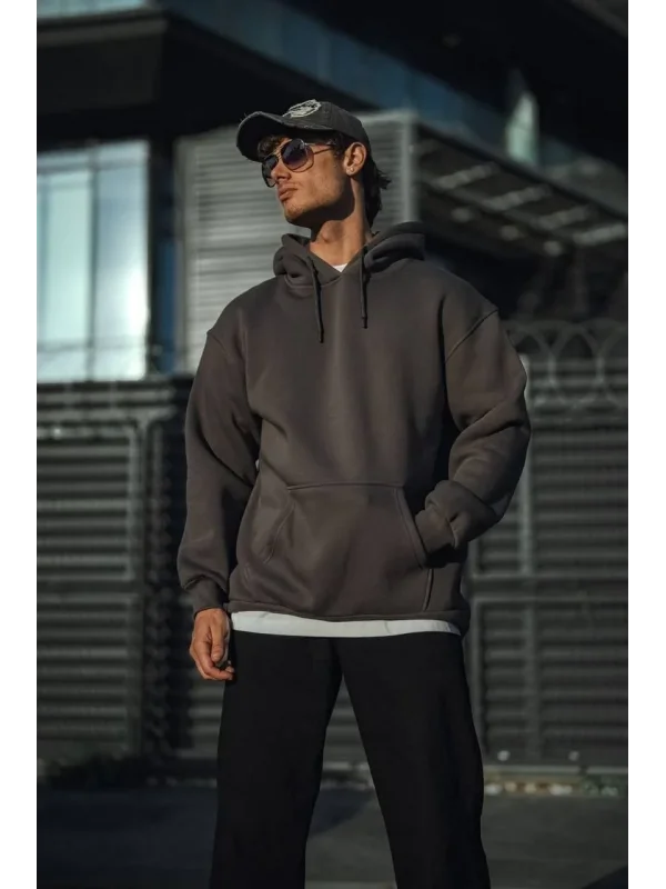 Lushiowear Erkek 3 İplik Pamuklu Kapüşonlu Basic SweatShirt Hoodie - Füme