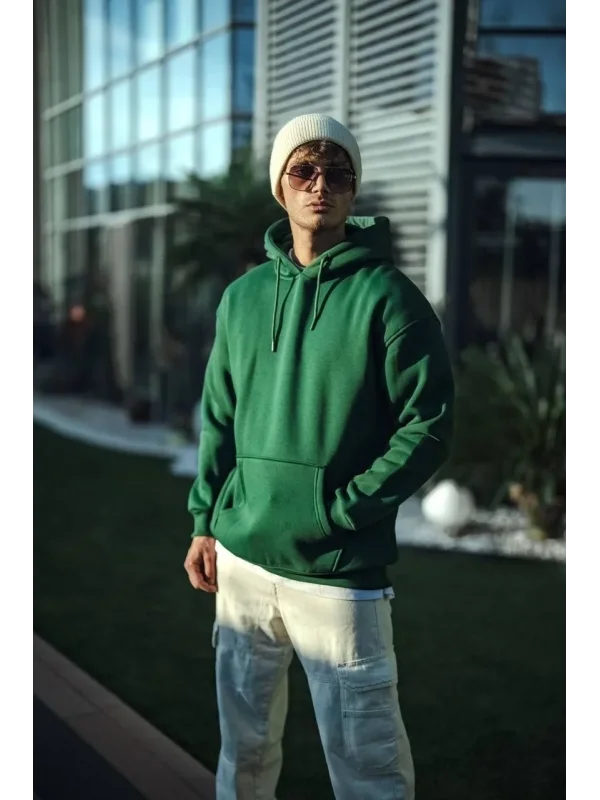 Lushiowear Erkek 3 İplik Pamuklu Kapüşonlu Basic SweatShirt Hoodie - Haki