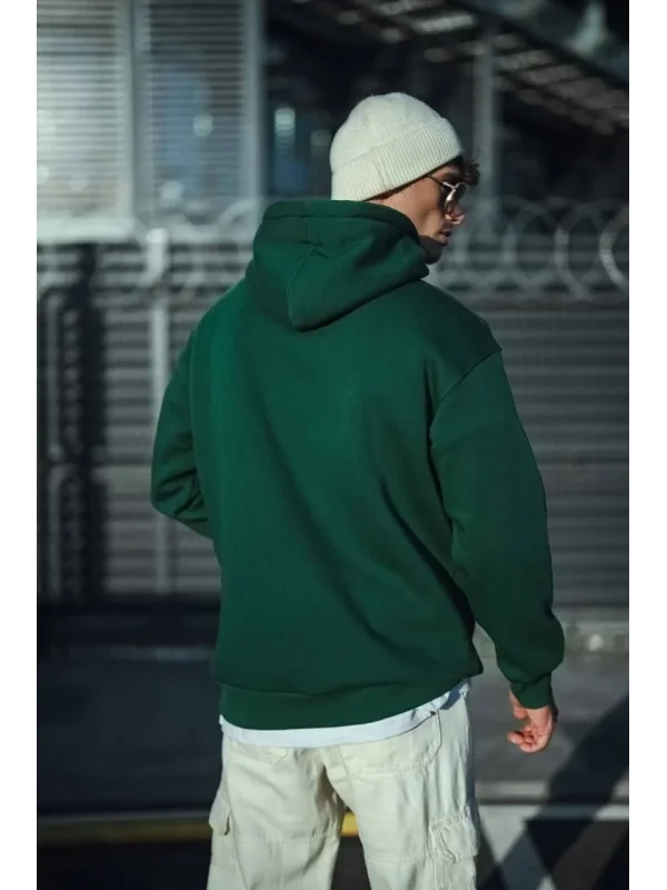 Lushiowear Erkek 3 İplik Pamuklu Kapüşonlu Basic SweatShirt Hoodie - Haki