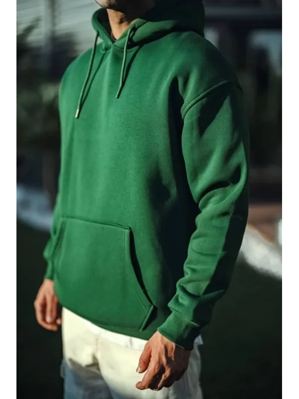 Lushiowear Erkek 3 İplik Pamuklu Kapüşonlu Basic SweatShirt Hoodie - Haki
